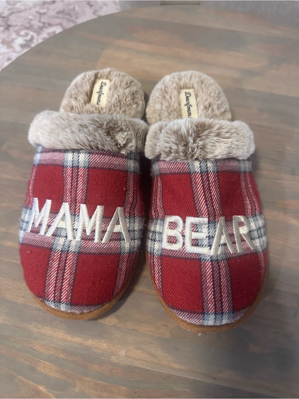 dearfoams Red Plaid 'MAMA BEAR' Kids Slippers with Faux Fur Cuff